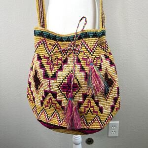 Lovestitch Santa Fe Boho Raffia Straw Bucket Bag Tassels Crossbody Tote New